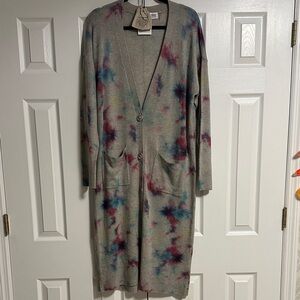 27 Miles Women’s Grey Tie-Dye Cashmere Long Cardigan/Duster with Pockets Size S